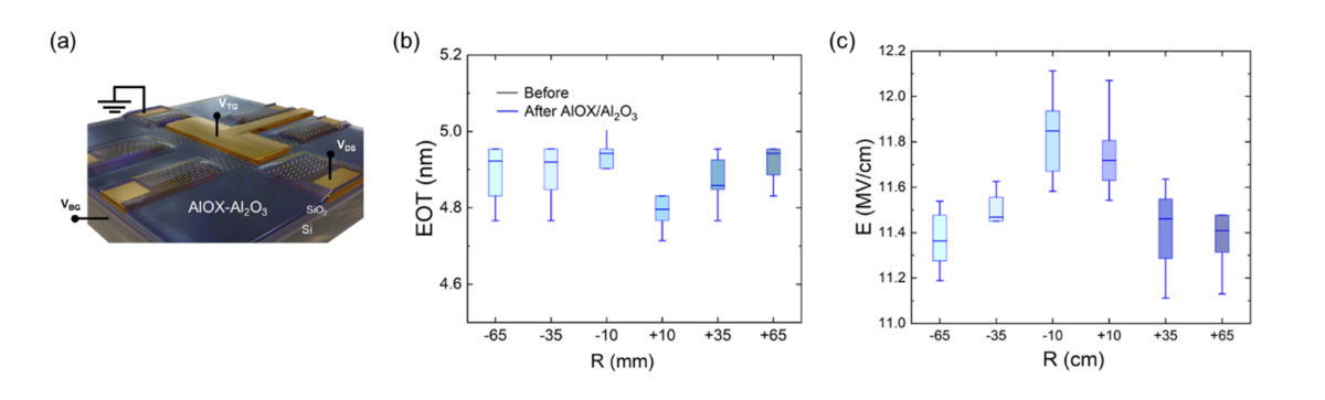 (a) Two-point double-gated GFET with bottom source/drain contacts and an AlOX/Al2O3 dielectric stack. Wafer-scale statistics of (b) EOT and (c) E from double-gate measurements.