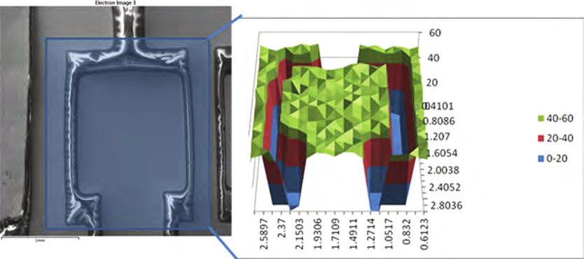Electron image showing acquisition area and surface plot showing thickness of Au layer recorded across that area. The area with the irregular texture in the electron image is the polymer which forms the structure of the strip.