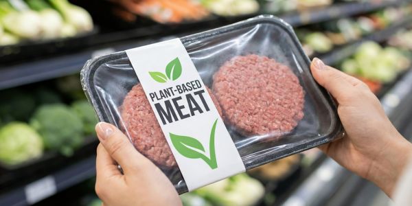 Photograph of plant-based meat burgers in packaging